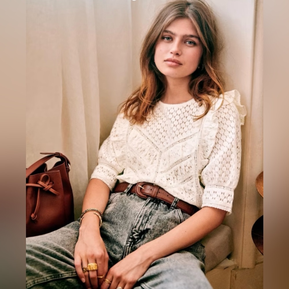Sezane Fanon Lace Blouse in Ecru